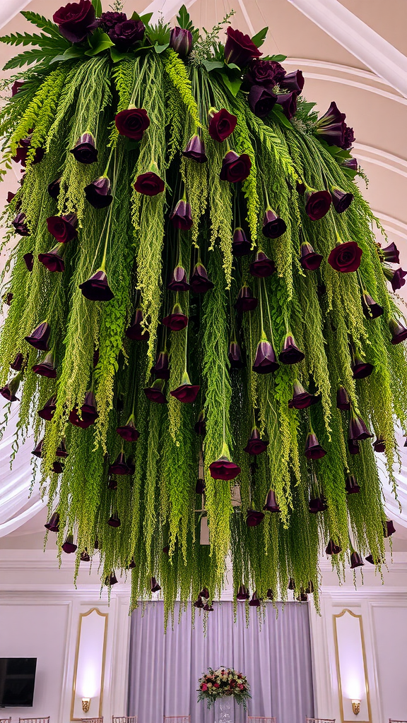 20 Enchanting Dark Romantic Wedding in Emerald Green Ideas A large hanging installation of greenery and dark purple flowers, perfect for event decoration.