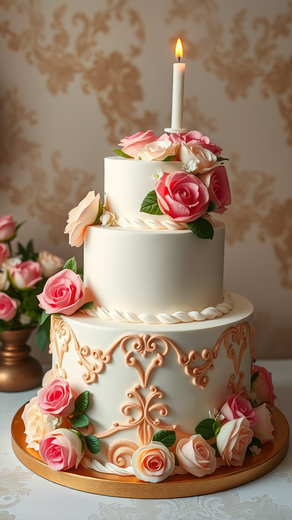 35 Exquisite Rococo Cakes for Your Next Celebration A beautifully decorated Rococo cake with roses and a candle on top, perfect for celebrating anniversaries.