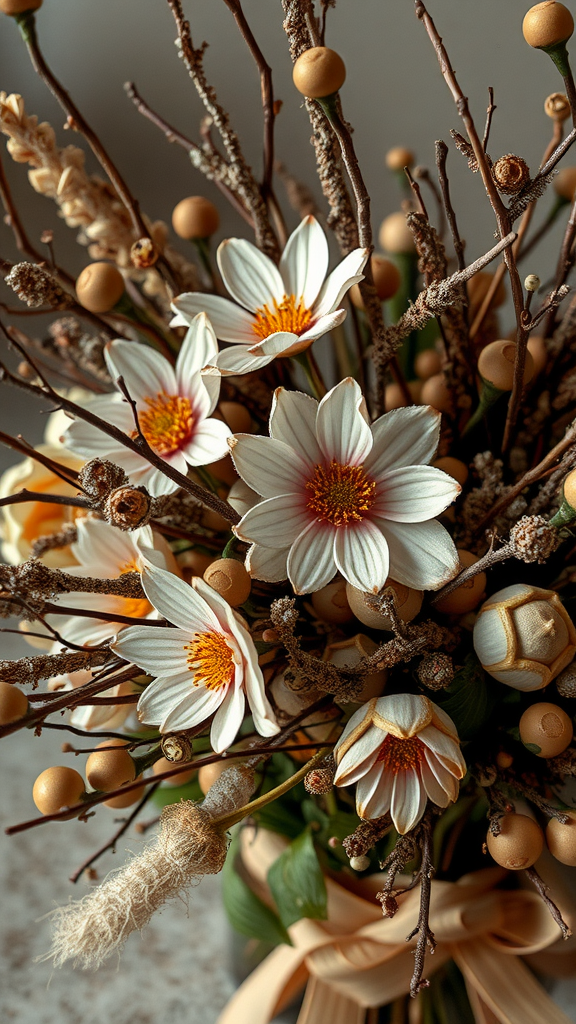 35 Stunning Earth Tone Wedding Bouquets for Your Dream Celebration A bouquet featuring white flowers with yellow centers, twigs, and natural elements, showcasing earthy textures. Earth Tone Wedding Bouquets