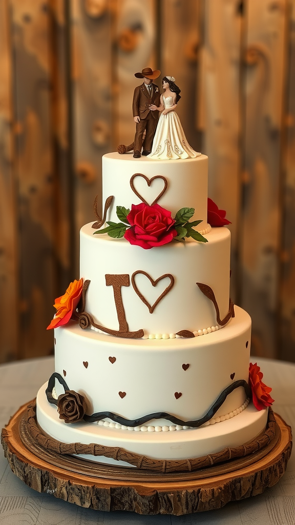 25 Cowboy Wedding Cake Ideas to Inspire Your Rustic Celebration A beautifully decorated cowboy wedding cake featuring a cowboy and bride figurine on top, adorned with roses and heart motifs.