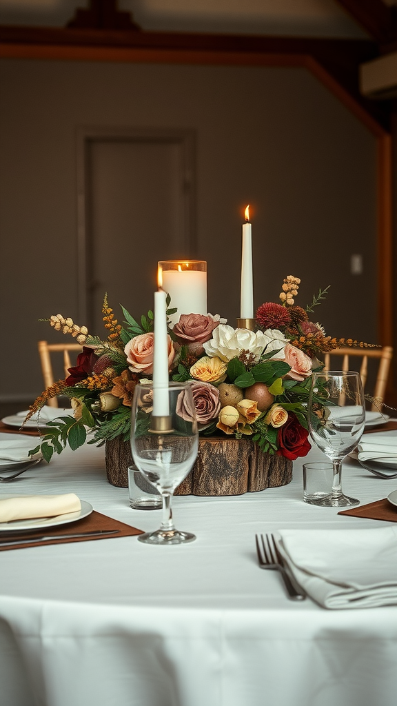 35 Earth Tone Wedding Ideas That'll Make Your Guests Go 'Wow!' (Don't Miss #10!) A rustic wedding centerpiece featuring a mix of flowers and candles on a wooden base.