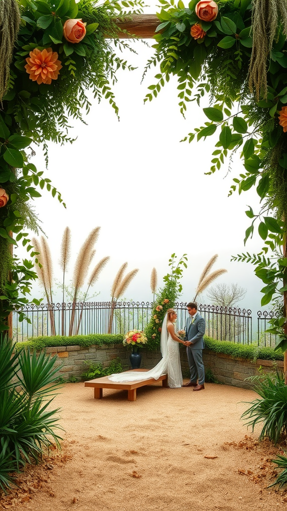 35 Earth Tone Wedding Ideas That'll Make Your Guests Go 'Wow!' (Don't Miss #10!) A couple standing in a wedding ceremony setup with earthy elements, surrounded by flowers and greenery.
