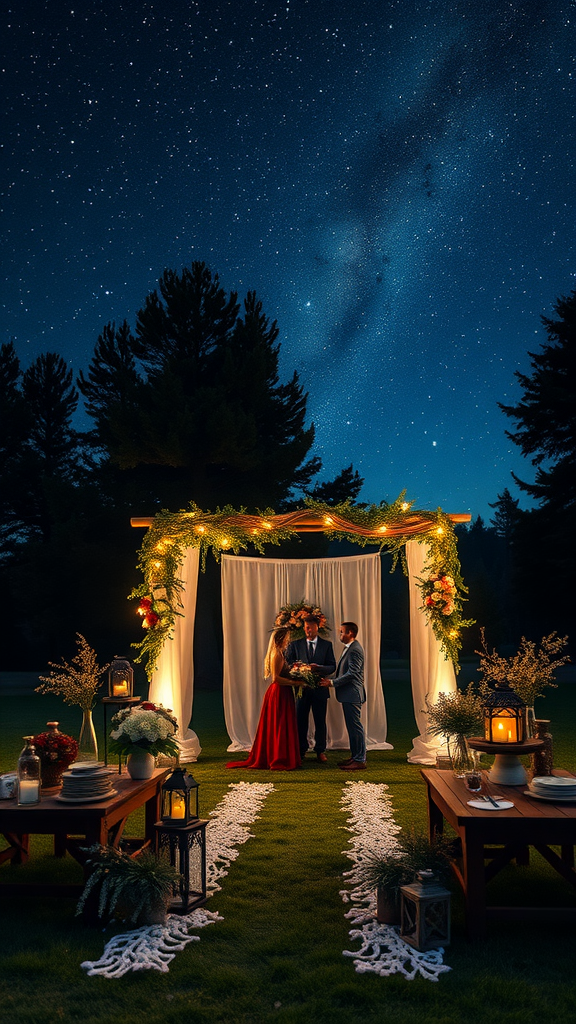 25 Creative Ideas for a Cowboy-Themed Wedding Celebration A couple exchanging vows under a starry sky at a beautifully decorated outdoor wedding ceremony.