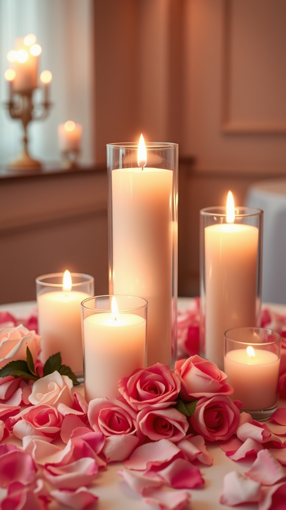 25 Lovely Valentine Baby Shower Ideas You’ll Love Candle centerpieces with pink rose petals on a table.