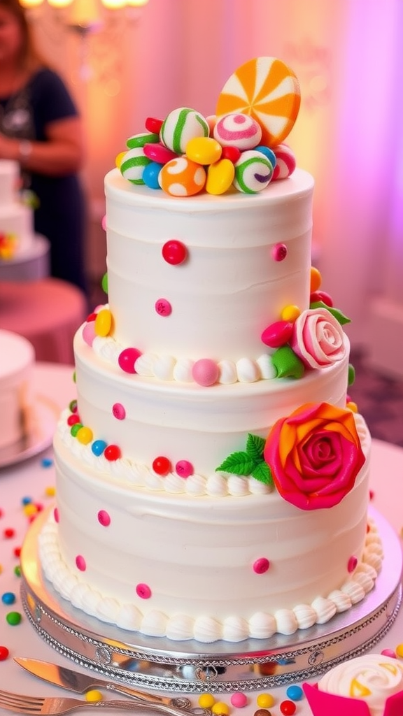 30 Themed Two-Tier Wedding Cakes That Are Totally Unique (Check Out #9!) A visually appealing two-tier wedding cake decorated with colorful candies and flowers.