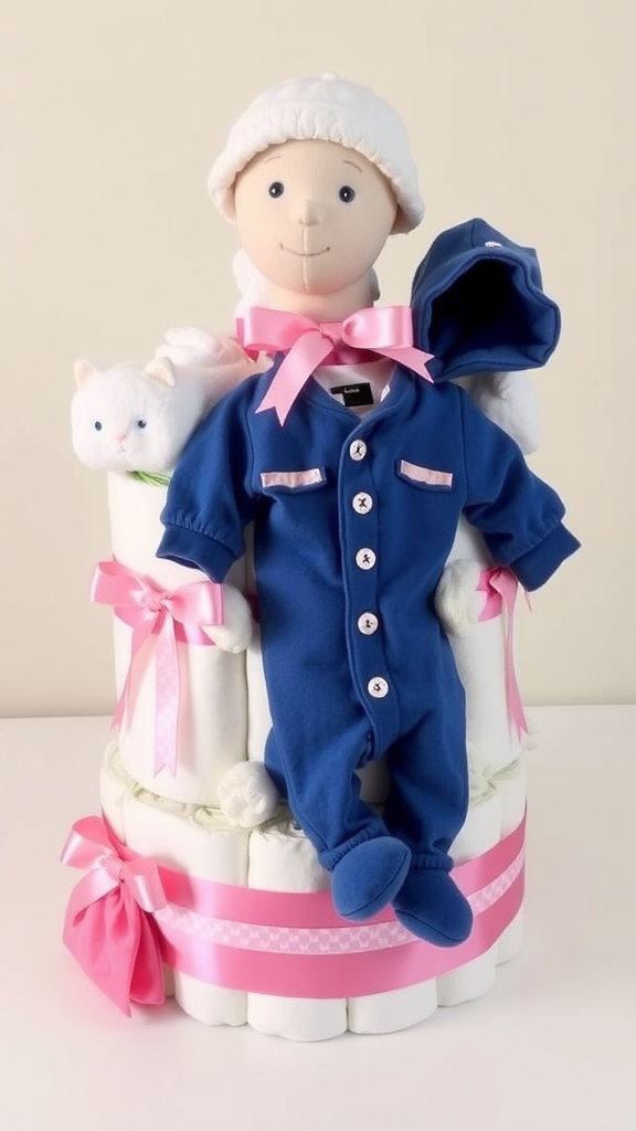 25 Creative Valentine Diaper Cakes A charming onesie diaper cake featuring a doll in a blue onesie, surrounded by stuffed animals and decorated with pink ribbons.