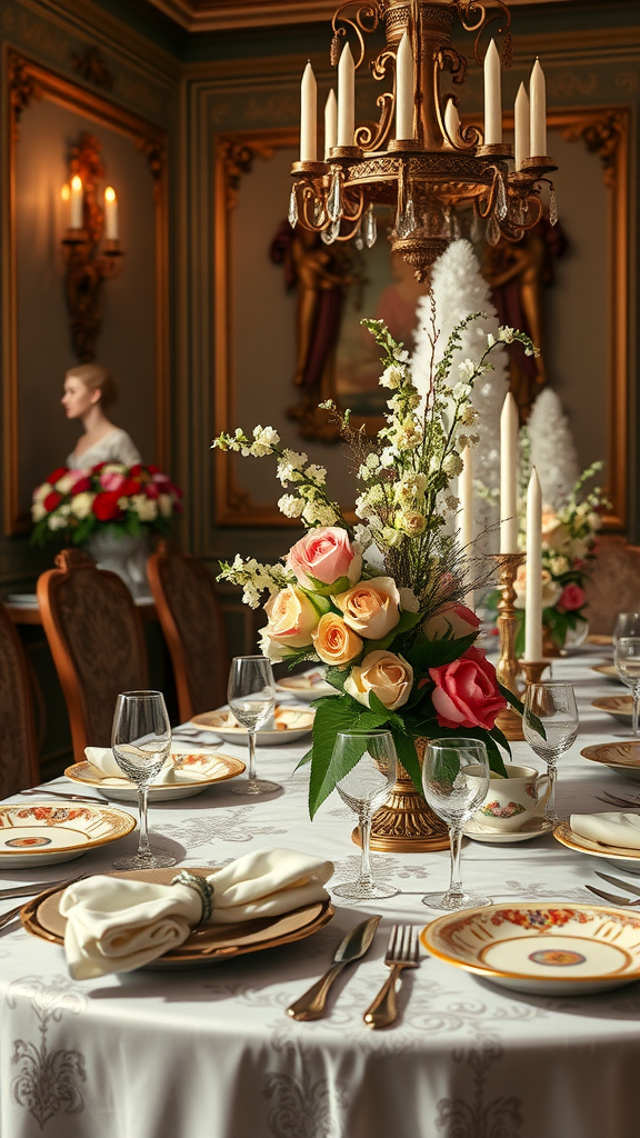 35 Rococo Wedding Inspiration Ideas That Will Make Your Heart Skip a Beat (Don't Miss #10!) A beautifully set table for a Rococo wedding, featuring elegant tableware, floral centerpieces, and soft candlelight.