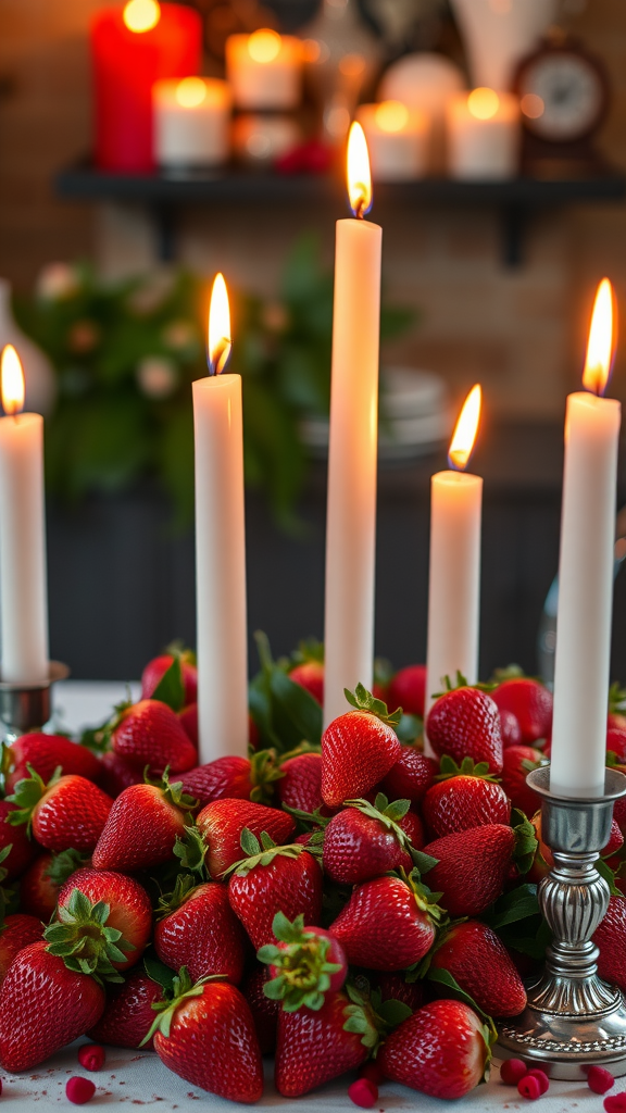25 Creative Strawberry Centerpiece Ideas for Every Occasion A decorative arrangement of fresh strawberries surrounded by lit candles, creating a cozy and inviting atmosphere. Strawberry Centerpiece Ideas
