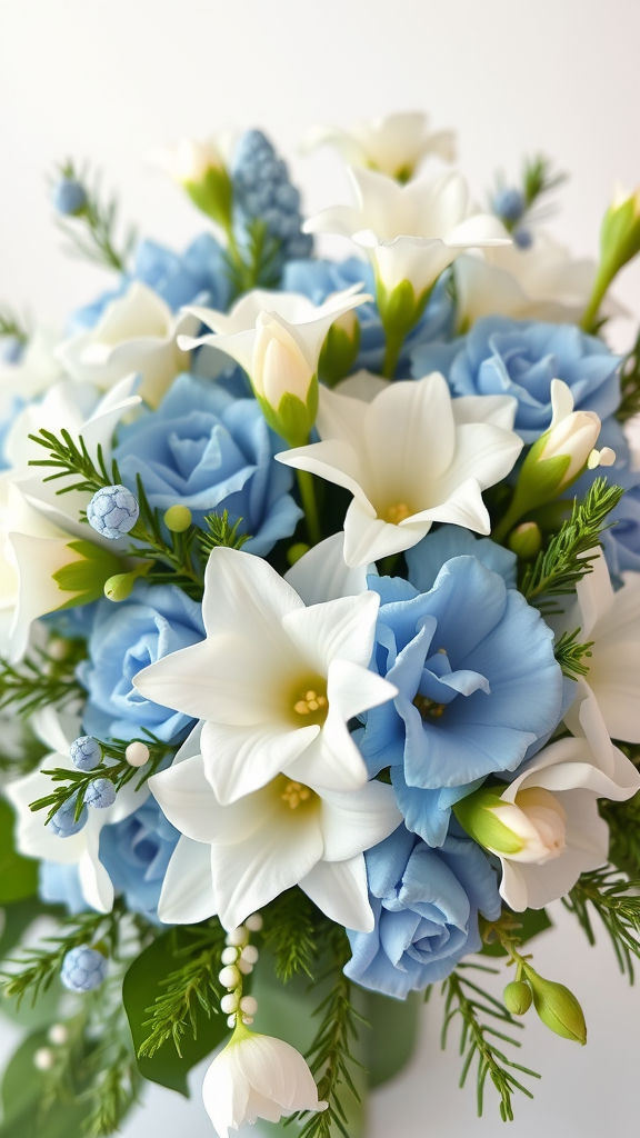 25 Sweet Winter Baby Shower Ideas to Warm Your Celebration A beautiful floral arrangement featuring blue and white flowers, including roses and lilies, perfect for winter decor.