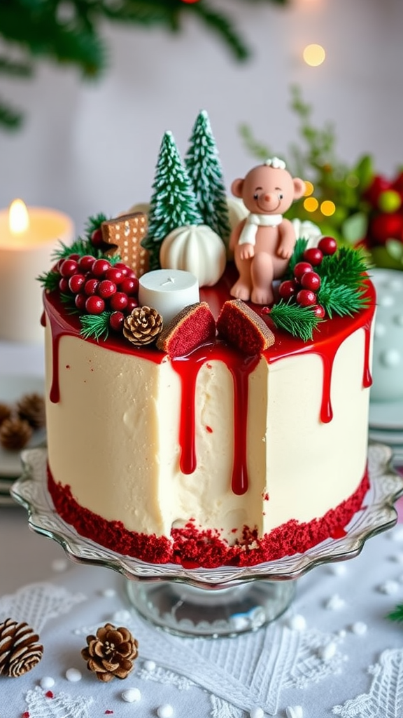 20 Enchanting Christmas Wedding Cake Ideas Cheesecake with red velvet crust, topped with cream, flowers, and a festive glaze
