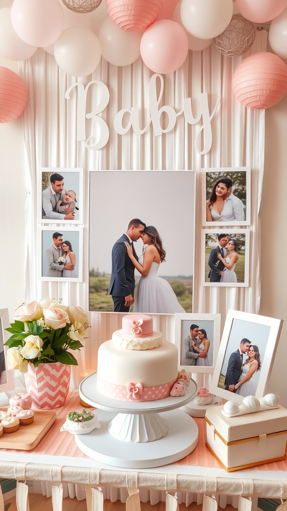 25 Lovely Valentine Baby Shower Ideas You’ll Love Decorative table display for a baby shower featuring the word 'Baby', framed photos, a cake, and floral arrangements.