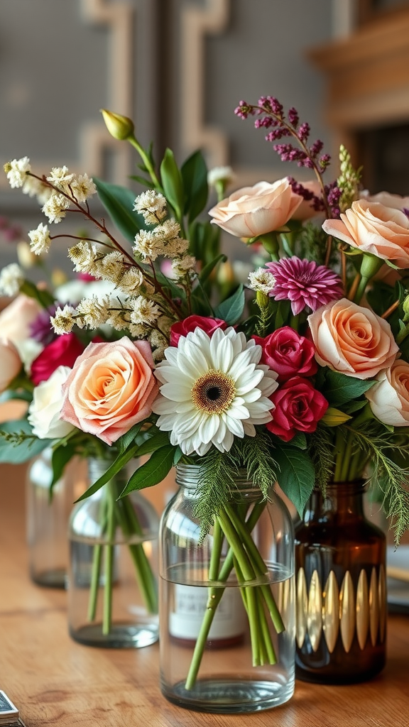 25 Creative Ideas for a Boho 50th Birthday Party Celebration Colorful floral arrangements in glass jars on a wooden table