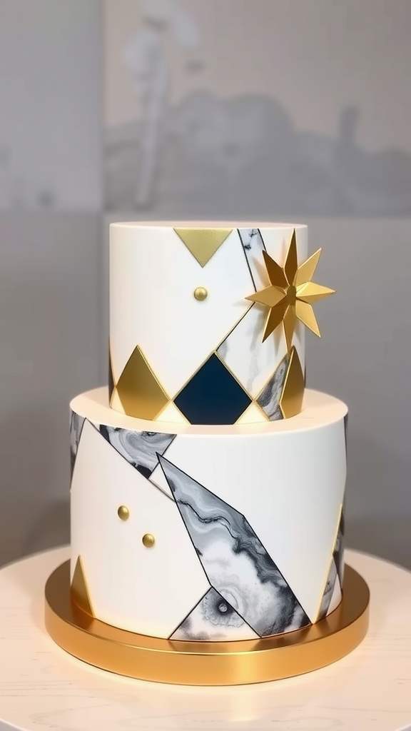 30 Themed Two-Tier Wedding Cakes That Are Totally Unique (Check Out #9!) A two-tier wedding cake with geometric patterns in white, black, and gold accents