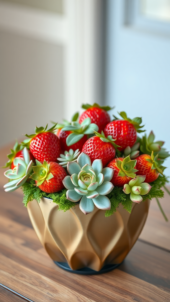 25 Creative Strawberry Centerpiece Ideas for Every Occasion A chic arrangement of fresh strawberries and succulents in a decorative bowl.