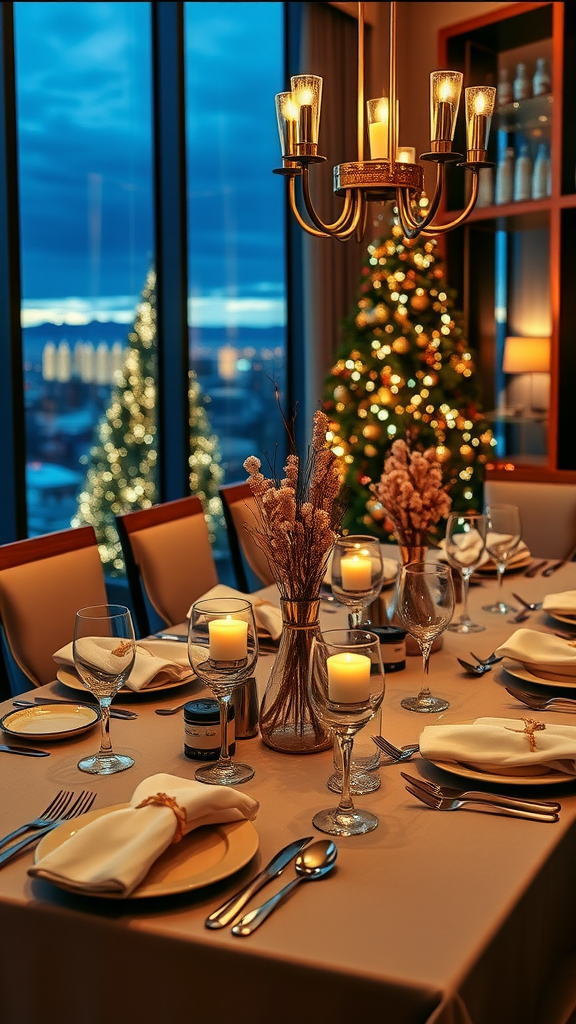 20 Exciting adults New Year's Eve Party Ideas Chic dinner table setting with candles and decorations, overlooking a night view. adults New Year's Eve Party Ideas