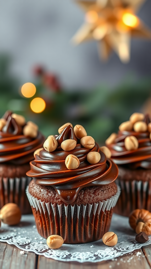20 Festive Christmas Wedding Cakes and Cupcakes to Delight Your Guests Chocolate hazelnut cupcakes with chocolate frosting and hazelnut topping, set against a festive background