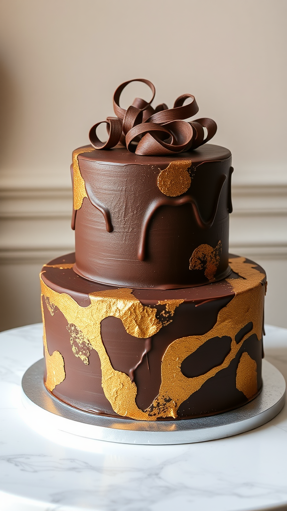 30 Themed Two-Tier Wedding Cakes That Are Totally Unique (Check Out #9!) Two tier chocolate wedding cake adorned with gold leaf and chocolate ribbon