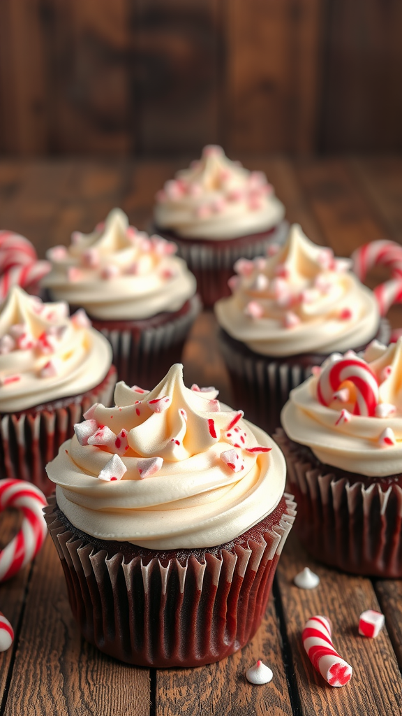 20 Festive Christmas Wedding Cakes and Cupcakes to Delight Your Guests A close-up view of chocolate peppermint cupcakes with creamy frosting and crushed candy canes on top, set against a rustic wooden background.
