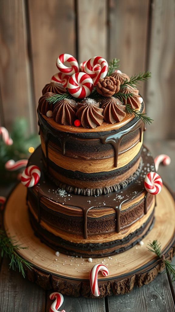 20 Enchanting Christmas Wedding Cake Ideas A beautifully decorated two-tier chocolate cake adorned with peppermint candies, chocolate frosting, and festive decorations.