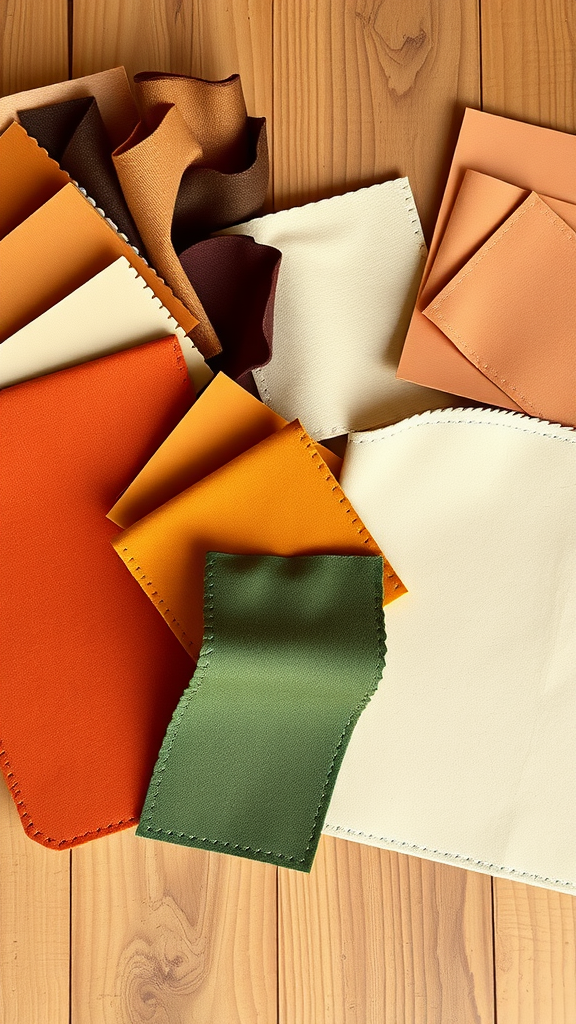 35 Earth Tone Wedding Ideas That'll Make Your Guests Go 'Wow!' (Don't Miss #10!) Assorted fabric swatches in earth tones including orange, green, and cream on a wooden table.