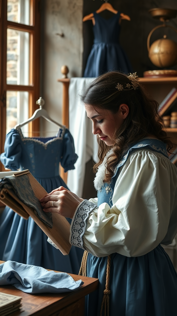 15 Stunning Blue Medieval Wedding Dresses for Your Fairytale Day A woman examining fabric in a room with blue medieval wedding dresses hanging in the background.