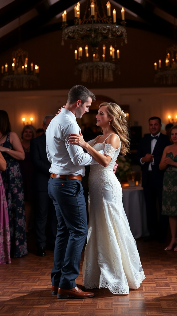 15 Creative Cowboy Wedding Entrance Ideas to Wow Your Guests A couple dancing together at a wedding reception, surrounded by guests enjoying the celebration.