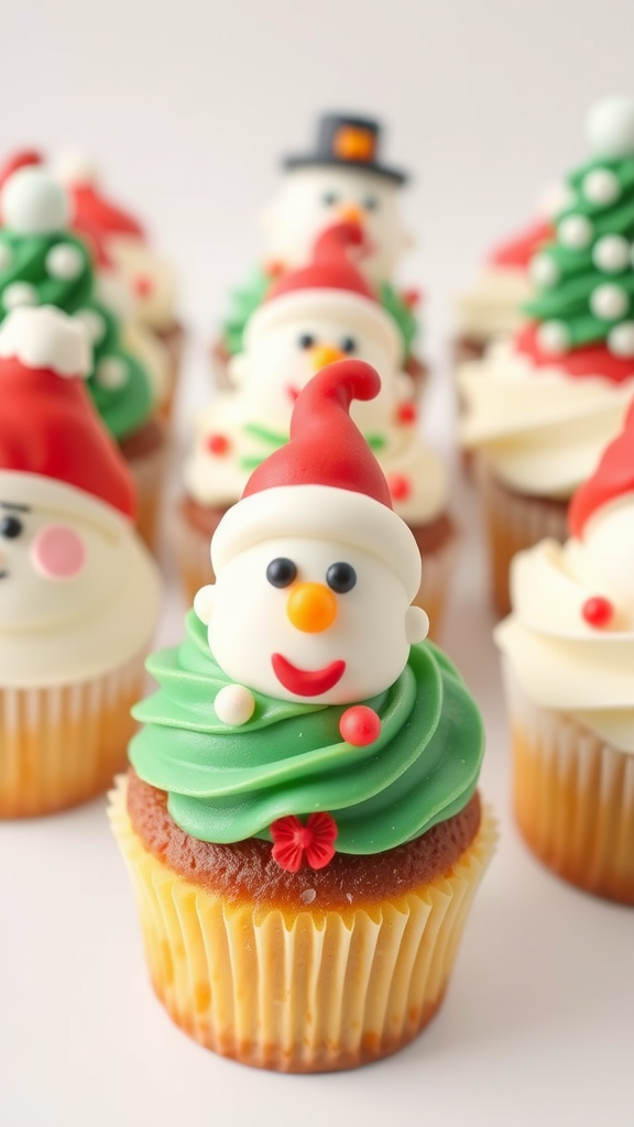 20 Festive Christmas Wedding Cakes and Cupcakes to Delight Your Guests Christmas themed cupcakes featuring snowmen and Christmas trees with colorful frosting. Christmas Wedding Cakes and Cupcakes