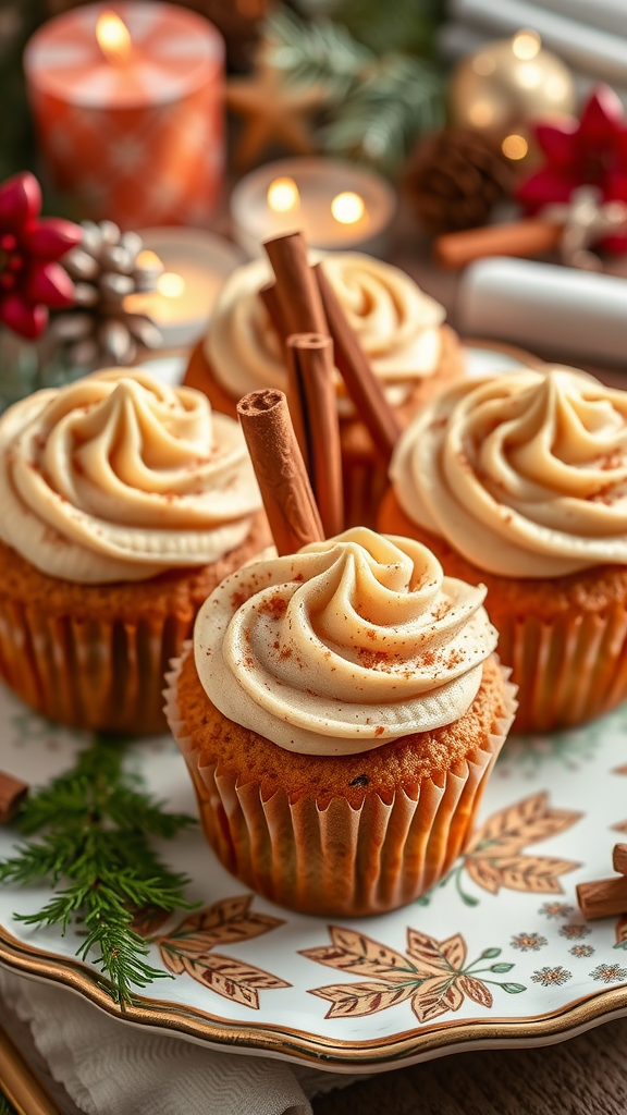 20 Festive Christmas Wedding Cakes and Cupcakes to Delight Your Guests A close-up of cinnamon sugar cupcakes with creamy frosting, topped with cinnamon sticks, set against a festive background of candles and holiday decorations. Christmas Wedding Cakes and Cupcakes