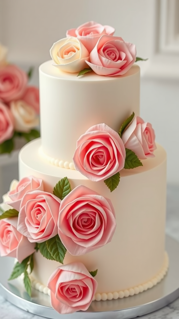 30 Themed Two-Tier Wedding Cakes That Are Totally Unique (Check Out #9!) A beautifully decorated two tier wedding cake featuring classic buttercream roses in soft pink and ivory colors.