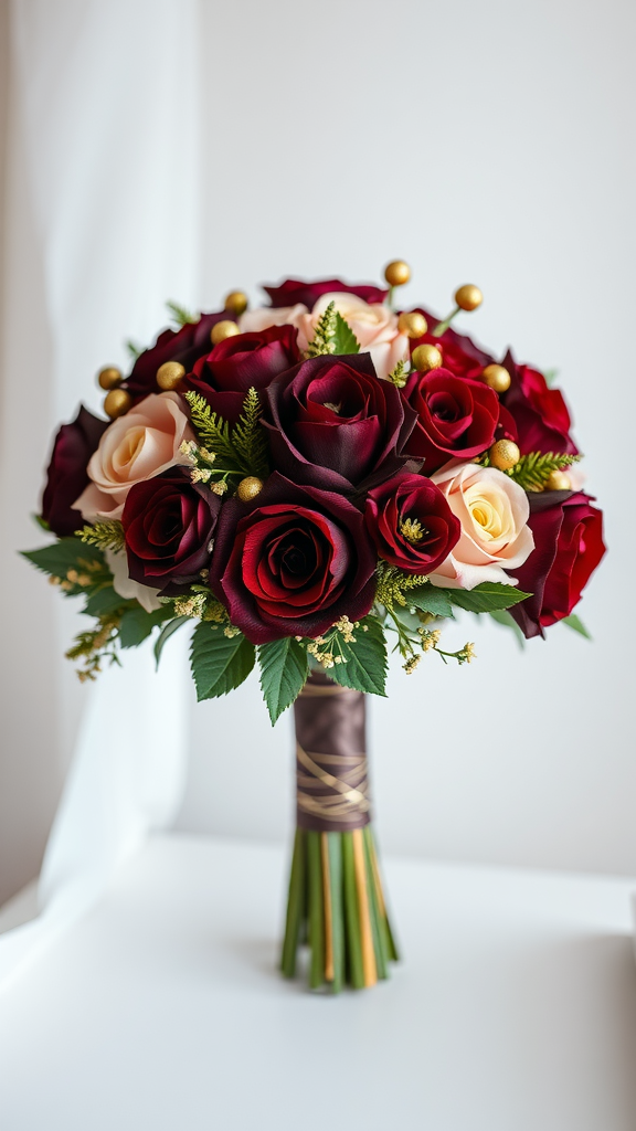 35 Stunning Earth Tone Wedding Bouquets for Your Dream Celebration A maroon and gold wedding bouquet featuring deep red and cream roses with golden accents.
