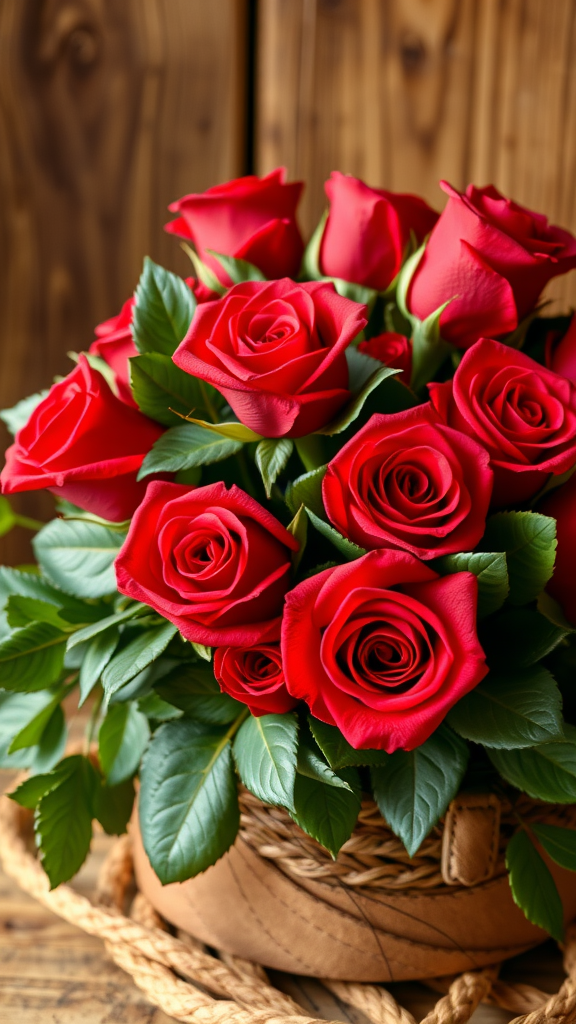 25 Cowboy Wedding Flowers That Will Make Planning a Breeze! A bouquet of red roses in a woven basket against a wooden background. Cowboy Wedding Flowers