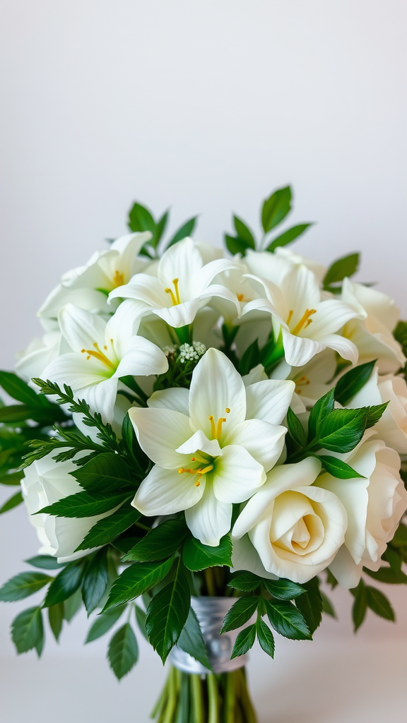 35 Stunning Earth Tone Wedding Bouquets for Your Dream Celebration A classic white and green wedding bouquet featuring lilies and roses.