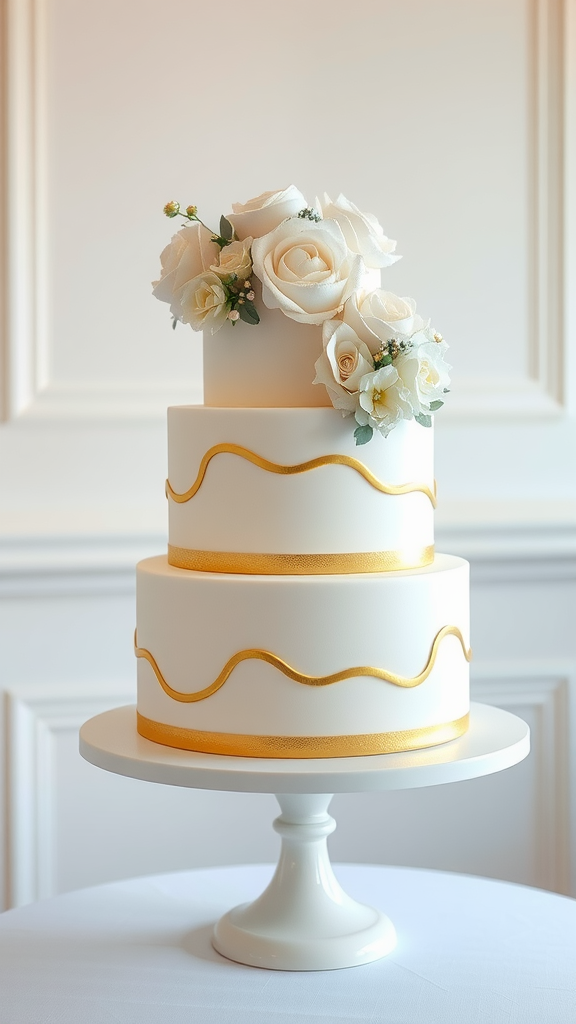 20 Festive Christmas Wedding Cakes and Cupcakes to Delight Your Guests A classic white wedding cake with gold accents and floral decorations at the base.