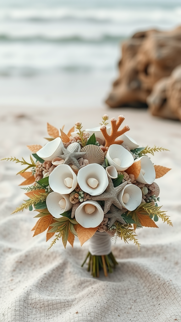 35 Stunning Earth Tone Wedding Bouquets for Your Dream Celebration A beautiful wedding bouquet featuring calla lilies, shells, and earthy tones, set against a beach background. Earth Tone Wedding Bouquets
