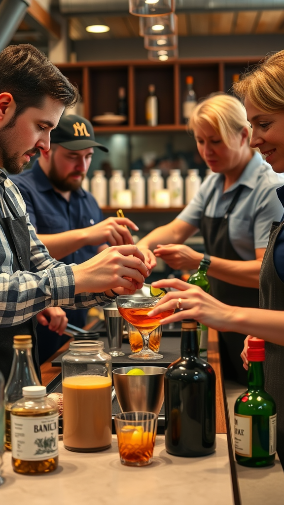 20 Exciting adults New Year's Eve Party Ideas People participating in a cocktail making workshop, mixing drinks and having fun.