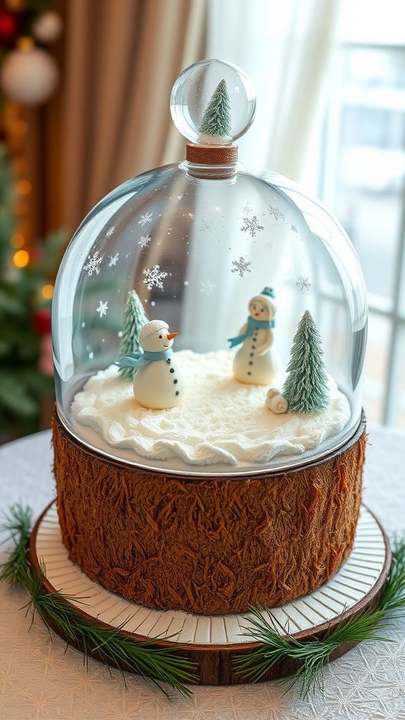 20 Enchanting Christmas Wedding Cake Ideas Coconut Snow Globe Cake with snowmen and trees inside a glass dome