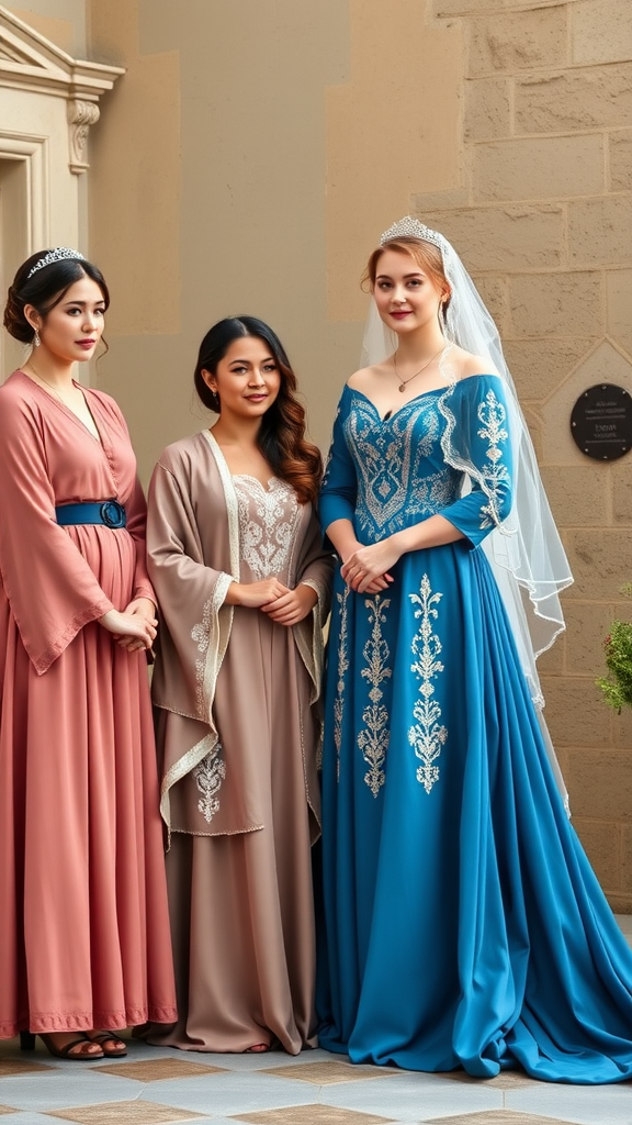 15 Stunning Blue Medieval Wedding Dresses for Your Fairytale Day Three bridesmaids dressed in complementary colors with a bride in a blue medieval wedding dress