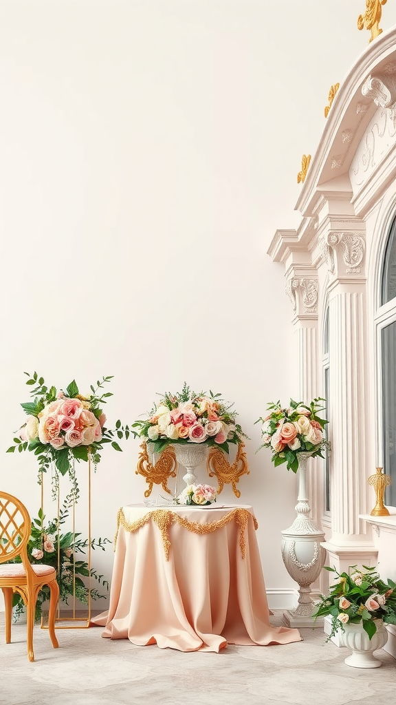 35 Rococo Wedding Inspiration Ideas That Will Make Your Heart Skip a Beat (Don't Miss #10!) Elegant wedding setup featuring pastel colors, floral arrangements, and ornate decor.