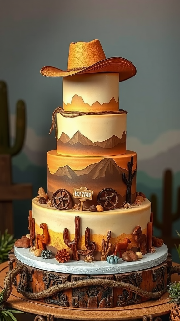 25 Cowboy Wedding Cake Ideas to Inspire Your Rustic Celebration A multi-tiered cowboy wedding cake with a cowboy hat on top, decorated with cacti, mountains, and rustic details.