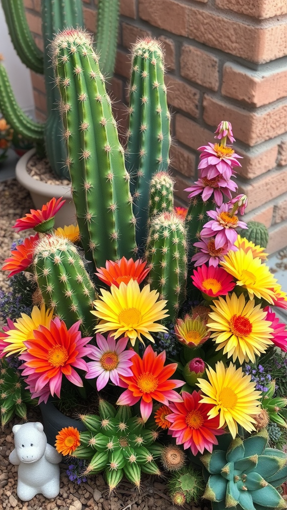 25 Cowboy Wedding Flowers That Will Make Planning a Breeze! Colorful cacti and flowers with a bear figurine