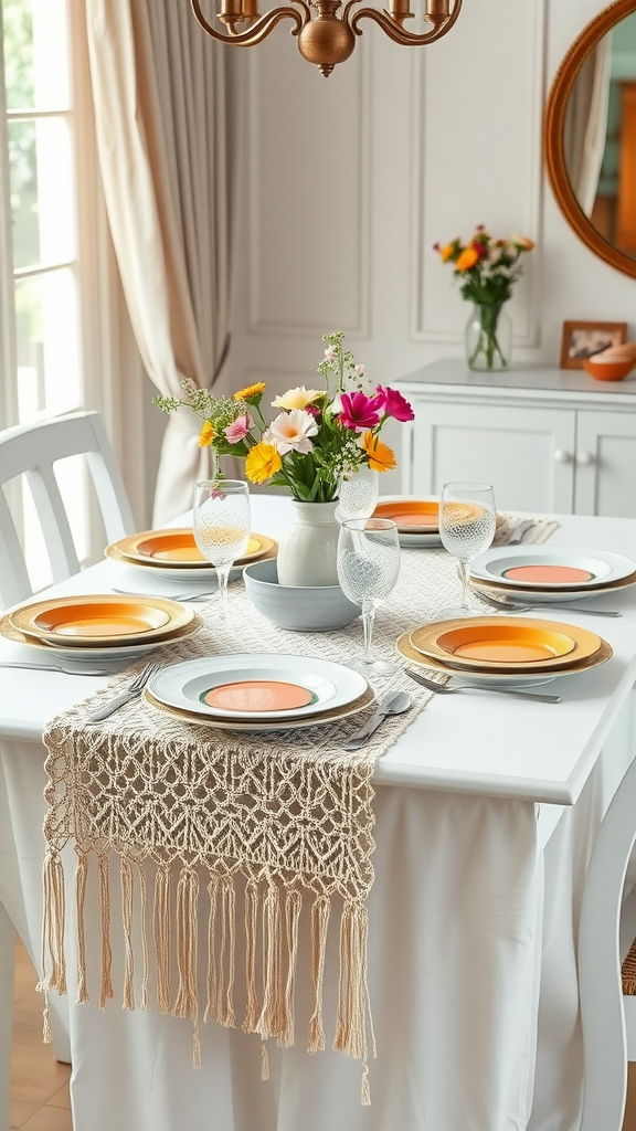25 Creative Ideas for a Boho 50th Birthday Party Celebration A beautifully set table with macrame runner, colorful plates, and fresh flowers for a boho 50th birthday party.