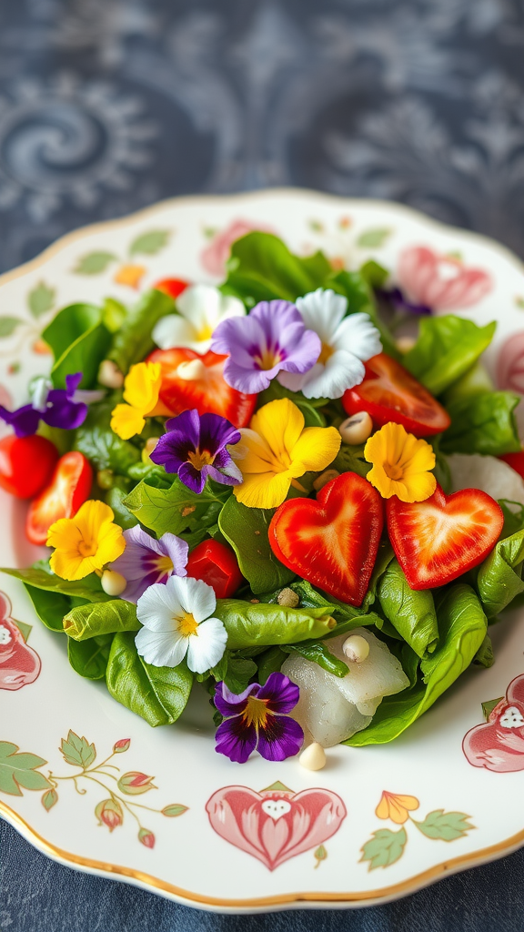 15 Romantic Valentine Lunch Ideas A vibrant salad featuring fresh greens, sliced tomatoes, and various colorful edible flowers on a decorative plate. Valentine Lunch