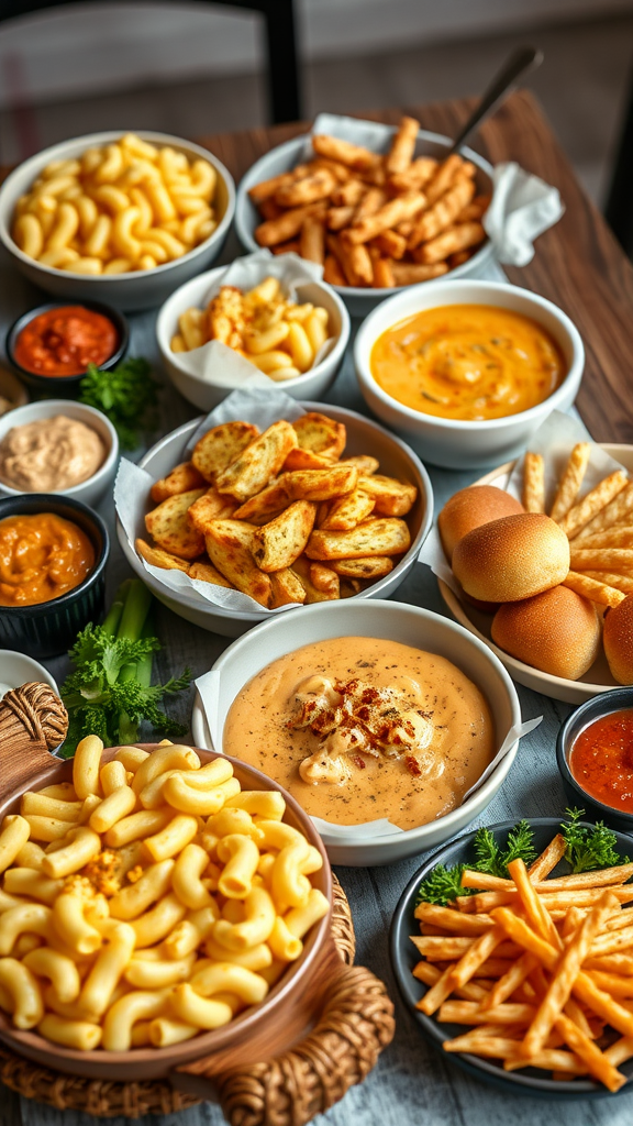 25 Must-Have Items for the Perfect Nesting Party A variety of comfort foods including macaroni and cheese, fries, bread rolls, and dips arranged on a wooden table.