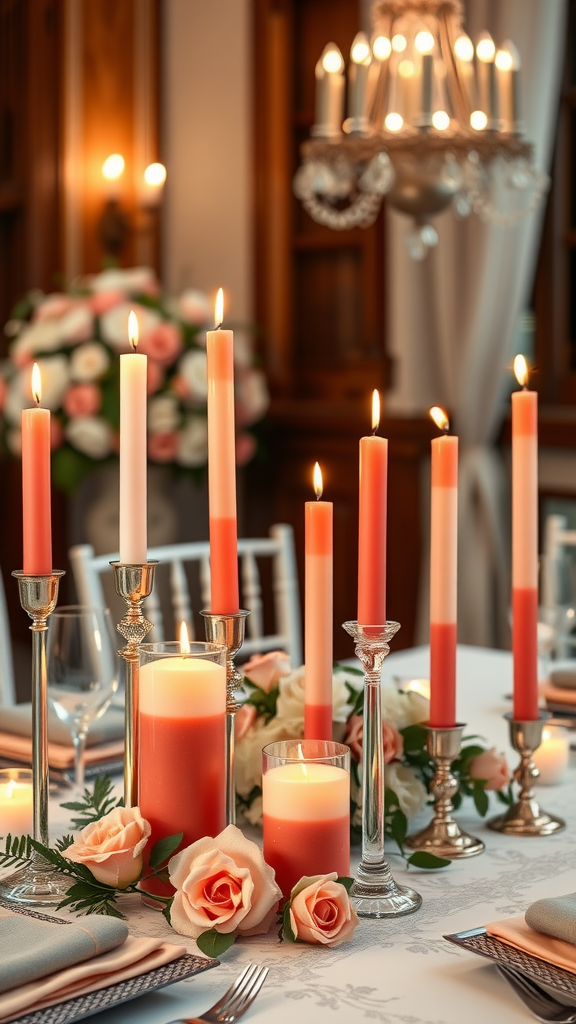 35 Stunning Coral Wedding Ideas You'll Love A table set with coral-dipped candles and pink roses, creating a warm and romantic wedding setting.