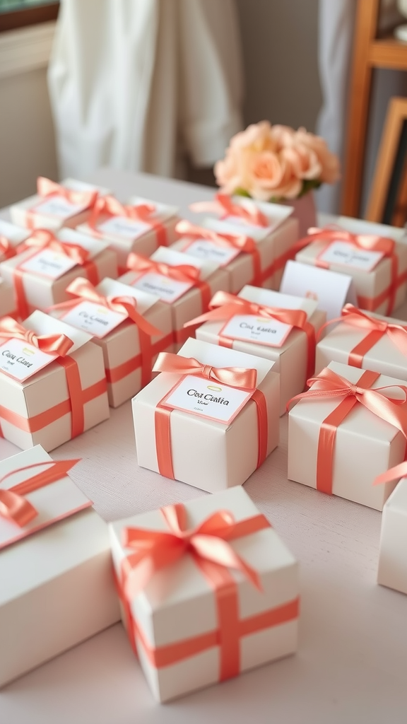 35 Stunning Coral Wedding Ideas You'll Love White gift boxes with coral ribbons arranged for wedding favors.