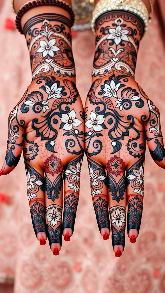35 Stunning Coral Wedding Ideas You'll Love Intricate henna designs on hands with floral motifs, showcasing a coral wedding theme.