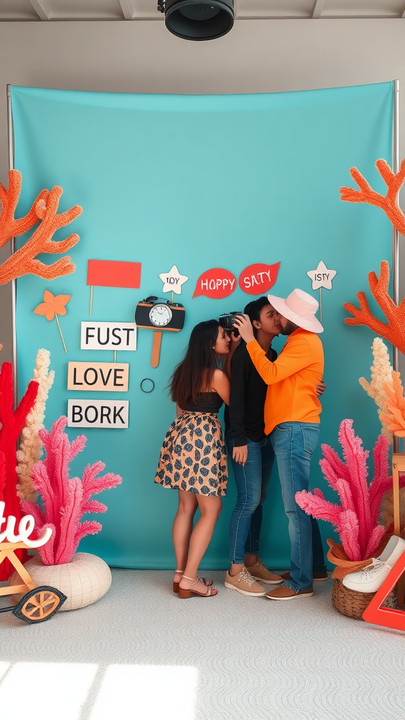 35 Stunning Coral Wedding Ideas You'll Love A vibrant coral-themed photo booth with guests posing and colorful decorations.