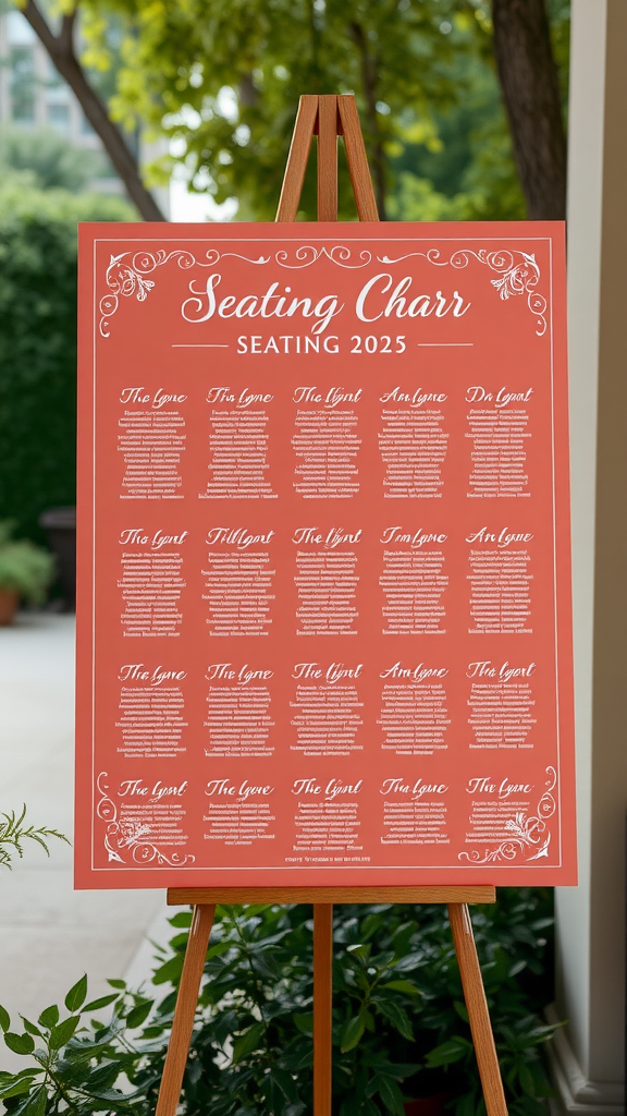 35 Stunning Coral Wedding Ideas You'll Love A coral-themed wedding seating chart displayed on an easel, featuring guest names and a vibrant design.
