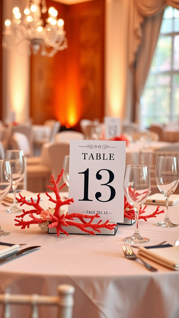 35 Stunning Coral Wedding Ideas You'll Love Coral themed table number 13 surrounded by coral decorations
