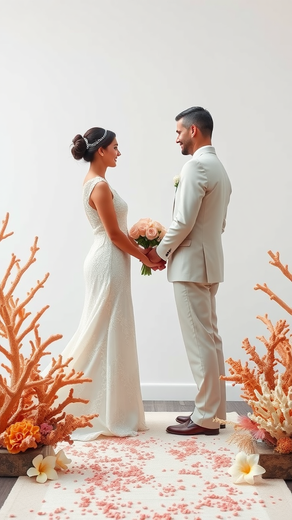 35 Stunning Coral Wedding Ideas You'll Love A couple stands facing each other during a coral-themed wedding ceremony, surrounded by coral decorations and peach flowers.